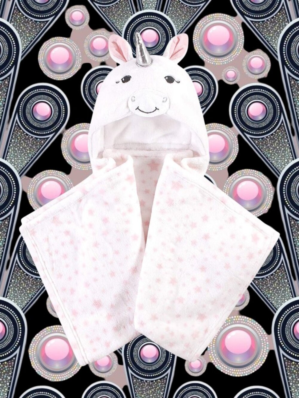 NWT Unicorn Stars Hooded Baby Blanket White Pink Plush Animal Hudson Baby